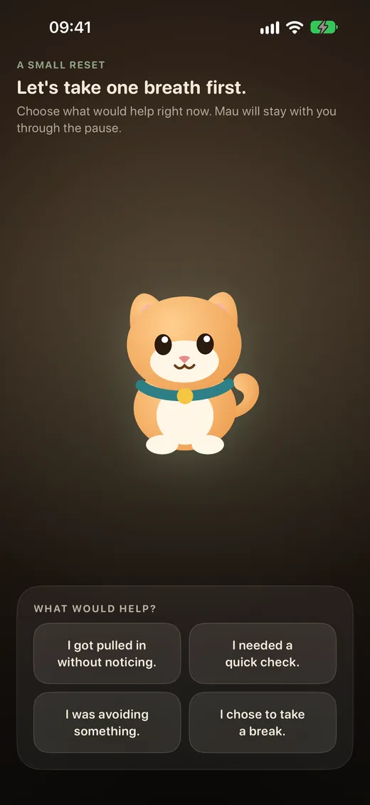 Pawwall's pause screen: Let's take one breath first